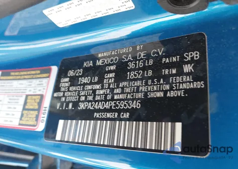 2023 Kia Rio S z USA, uszkodzony, nr VIN 3KPA24AD4PE595346